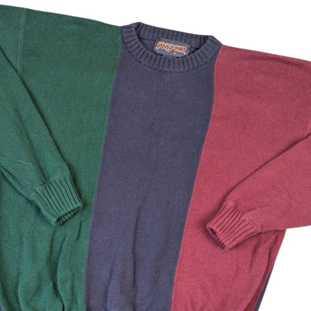 Vintage Jansport Colorblock Crewneck Sweater XL Navy Green Burgundy Cotton Knit